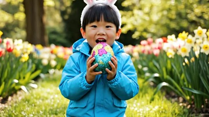 Child looks for Easter eggs in garden surrounded by flowers at springtime