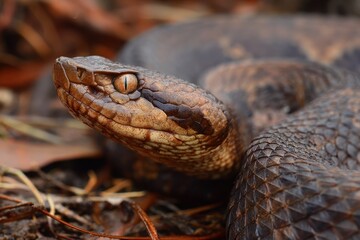 Obraz premium Wild Cottonmouth Snake Captured in Its Natural Habitat in Florida - A Glimpse of Reptilian Wildlife