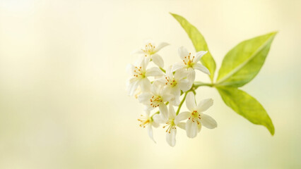 Obraz premium Delicate white star-shaped flowers bloom on a branch with green leaves against a soft yellow background