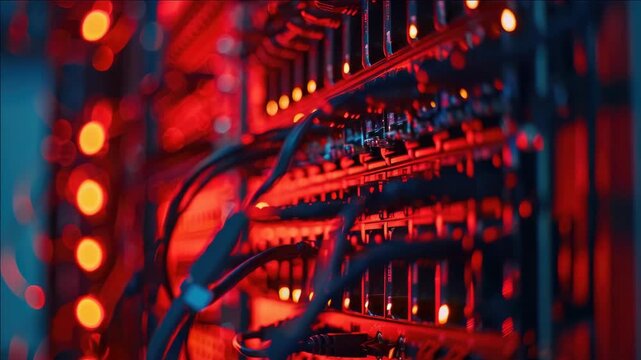 Close-up of a server farm with glowing red interior lighting showcasing numerous network connections