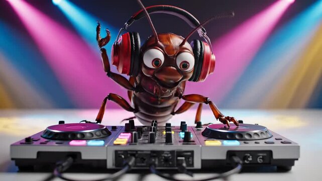Cute animated cockroach insect dj with headphones mixing music. Cartoon character dj playing on professional digital mixer.