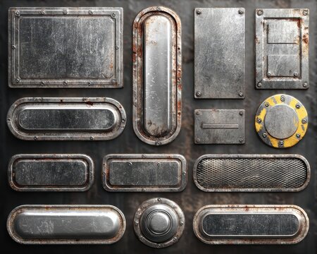 Collection of Worn and Rusty Metal Interface Components: Buttons and Panels in Realistic Steel Texture