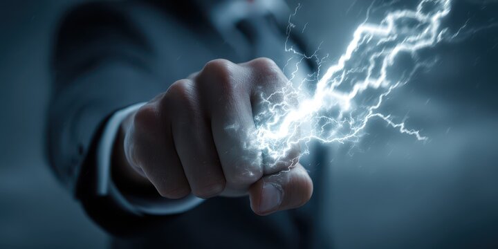 Dominance and Drive: Businessman Empowered by Lightning Energy in a Stormy Victory