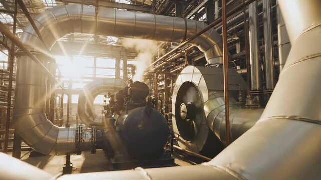 Industrial plant with shining metal pipes, steam, and sun lens flare. Heavy industry and petrochemical factory production process.