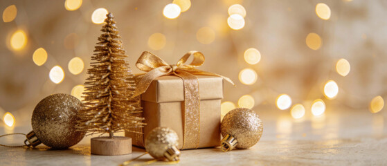 Festive holiday background with soft golden bokeh lights and warm glow, smooth depth of field, elegant Christmas atmosphere and clean composition with copy space for seasonal design and advertising