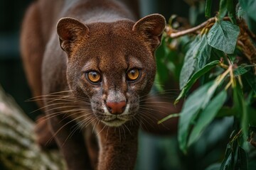 American Jaguarundi Cat Navigating Through Lush Foliage on a Tree Branch