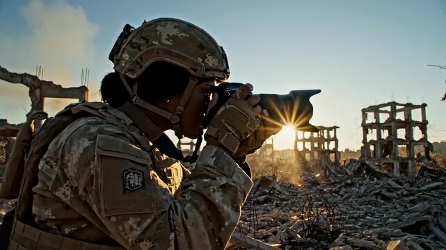 Woman military photojournalist documenting aftermath of war in ruined city at sunset, military photography concept
