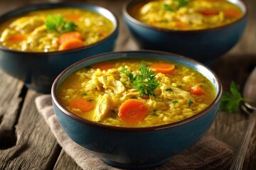 Autumn Delight: Savory Bowls of Curried Chicken Mulligatawny Soup with Fresh Apples, Celery, and Carrots Served on a Bed of Basmati Rice
