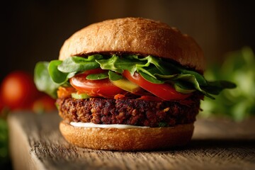 Plant-Based Delight: A Juicy Beyond Burger with Fresh Lettuce, Ripe Tomatoes, and a Perfectly Toasted Bread Roll