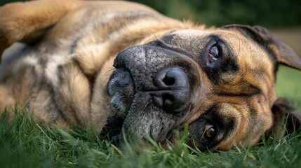 Playful Mastiff Dog Rolling Over on Green Grass in the Park with a Silly Expression