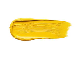 Extreme macro flat lay of a thick, textured, horizontal cadmium yellow impasto oil paint brush stroke, isolated dramatically on a transparent background. Concept for fine art materials advertising