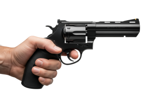 extreme macro of mature caucasian male hand tightly gripping a matte black revolver, finger on trigger, high-key studio background. concept for commercial product photography - Powered by Adobe