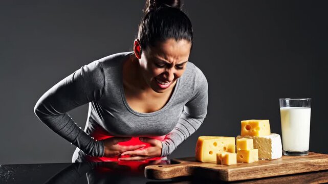 Woman Experiencing Severe Stomach Pain After Consuming Dairy Products.