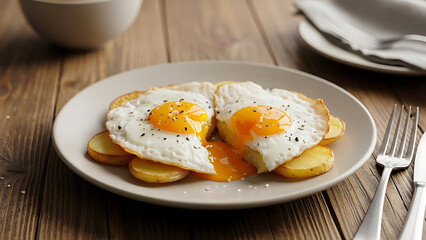 Huevos Rotos Spanish Fried Eggs With Potatoes on Rustic Table