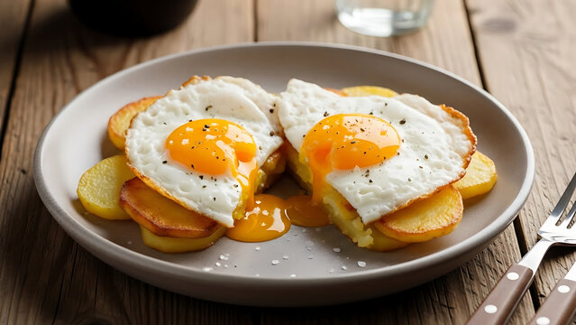 Huevos Rotos Spanish Fried Eggs With Potatoes on Rustic Table