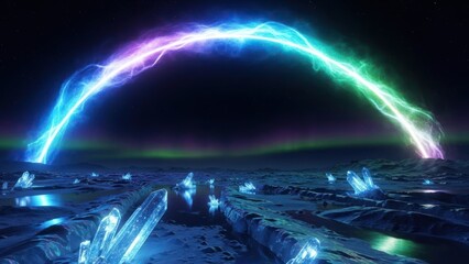 Abstract energy arch over crystalline landscape at night