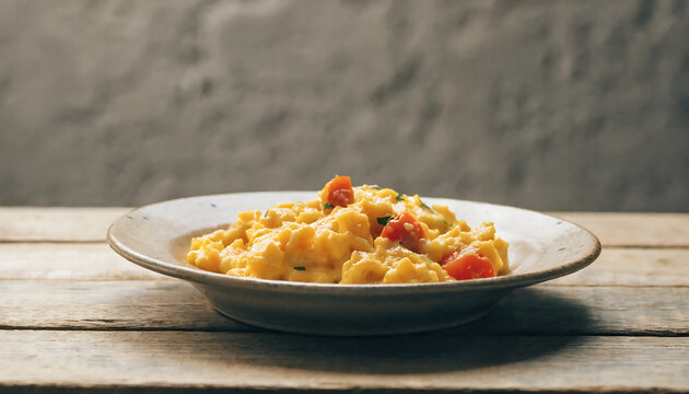 Staka Me Ayga Greek Scrambled Eggs With Tomatoes on Rustic Table