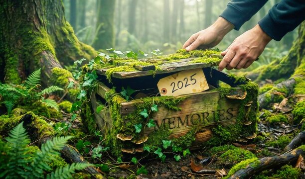 Ancient wooden box overgrown with moss and ivy in deep forest being opened by hands to show year tags 2023 2024 2025 representing time capsule and connection between nature and memories.