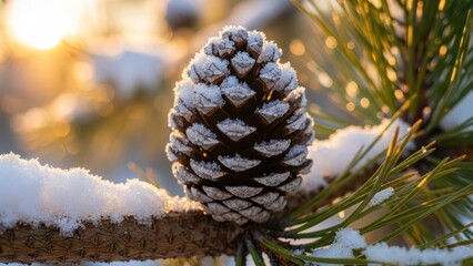 Snow covered pine cone on a branch with sunlight