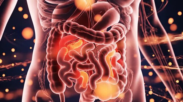 Human Body Digestive System with Internal Organs and Glowing Particles Indicating Pain or Illness.