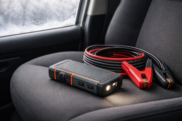 Winter Car Battery Jump Starter in Vehicle Interior Cozy Editorial