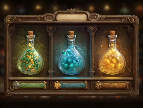Scene of three alchemical bottles against a dark backdrop Bottles contain yellow, green, and blue liquids Each bottle has a distinct substance with speckles or floating objects Shado - AI-Generated