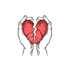 Hand-drawn illustration of broken heart held in two hands cracked heart symbol