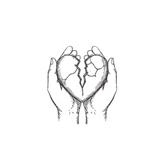 Hand-drawn illustration of broken heart held in two hands cracked heart symbol