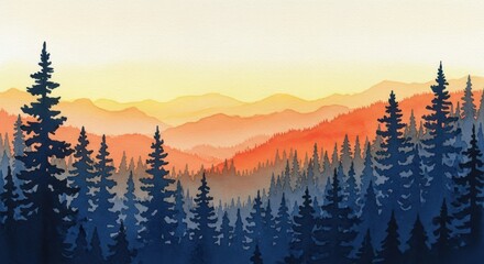 Sunset over mountain forest