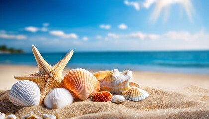 seashells and starfish on a sandy beach