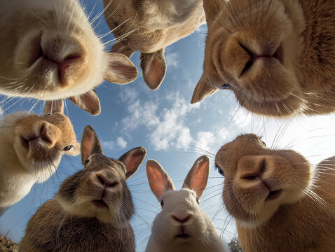 Ten rabbits, varying sizes and colors, curiously gaze at the camera from a sky wallpaper The rabbits create a circular pattern against a clear blue sky, with the composition having dep - AI-Generated