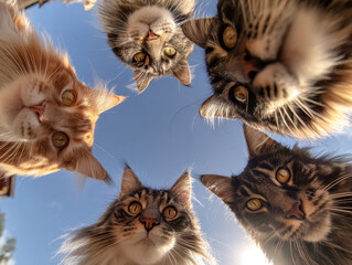 Close-up image of 20 Maine Coon cats on a phone wallpaper, gathered together and looking upward The composition offers a dynamic visual texture from their fur contrasting with the blue - AI-Generated