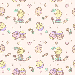 Cute Pastel Easter Chicks and Eggs Seamless Pattern, A complete editable toolkit for designers featuring Easter eggs with carrots, florals, dots, hearts and stars
