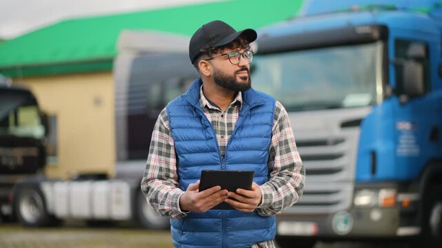 Truck driver using digital tablet for logistics management