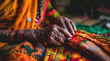 Close-up of woman's hands working with colorful yarn or thread, showcasing intricate handiwork techniques in a rural setting.