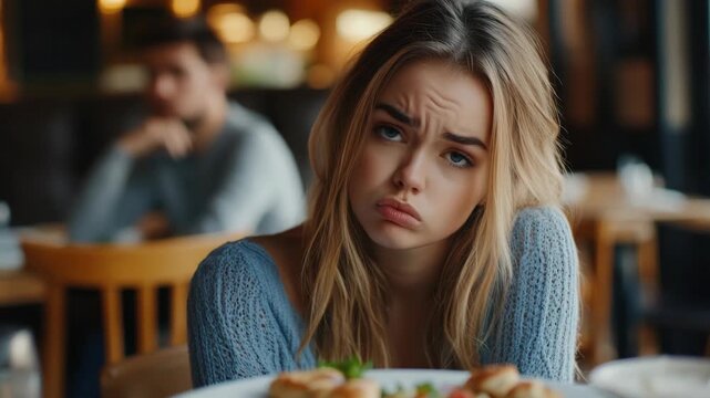 Young woman in a blue sweater leaning on a table with food in front of her and an expression of confusion or worry.