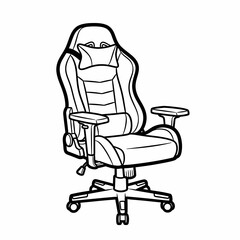 Black and white illustration of a modern office gaming chair with adjustable armrests and wheels.