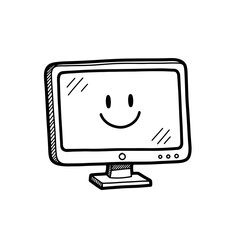 Simple black and white computer monitor with smiley face on screen.