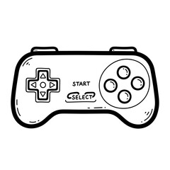 Simple black and white illustration of a classic video game controller.