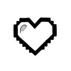 Black pixelated heart shape with a small seed inside on a white background.