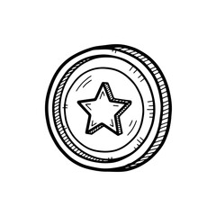 Simple black and white illustration of a coin or badge with a star in the center.