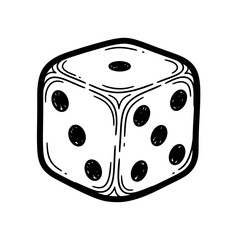 Black and white illustration of a single six-sided dice showing five dots on top face.