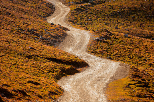 A winding macadam road through a hilly landscape in an autumn scene, in natural tones, without people and objects, rural landscape and natural terrain