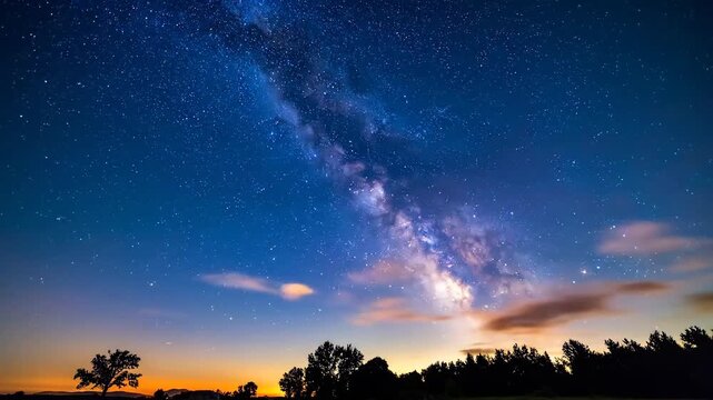 A breathtaking night sky with the Milky Way visible above a silhouetted landscape and trees at twilight.