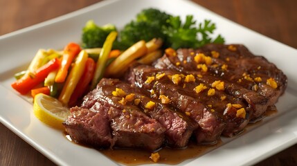 Delicious medium rare steak is served on a white plate with fresh colorful vegetables like broccoli, peppers, and a lemon wedge, topped with orange garnish.