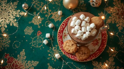 A festive Christmas scene features a mug of hot chocolate topped with hmallows alongside cookies, ornaments, and fairy lights on a green tablecloth.