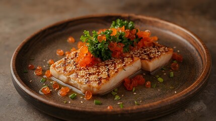 Grilled tofu steaks are beautifully plated with sesame seeds, herbs, and bright orange roe on an artisanal plate creating an elegant and delicious meal presentation.