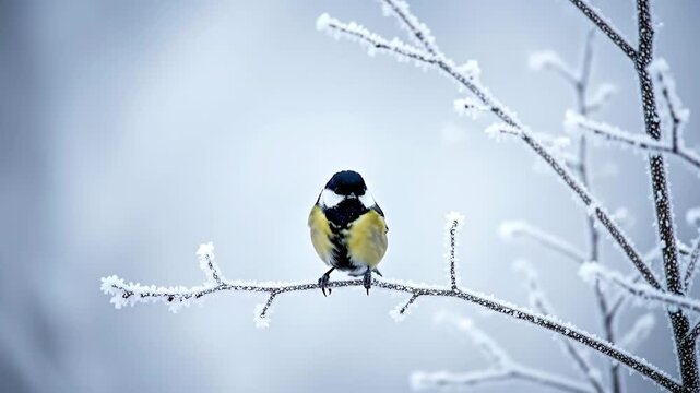 A colorful bird perched on a frosted branch in winter scenery.