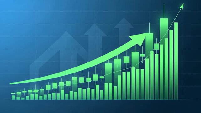 Dynamic financial graph illustrating business growth and market success with an upward trending arrow and candlestick chart.