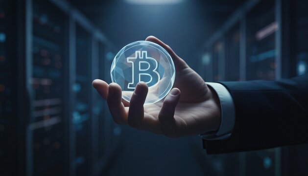 Hand Clutching Glowing Bitcoin Hologram: Corporate Modernity Meets Decentralized Finance